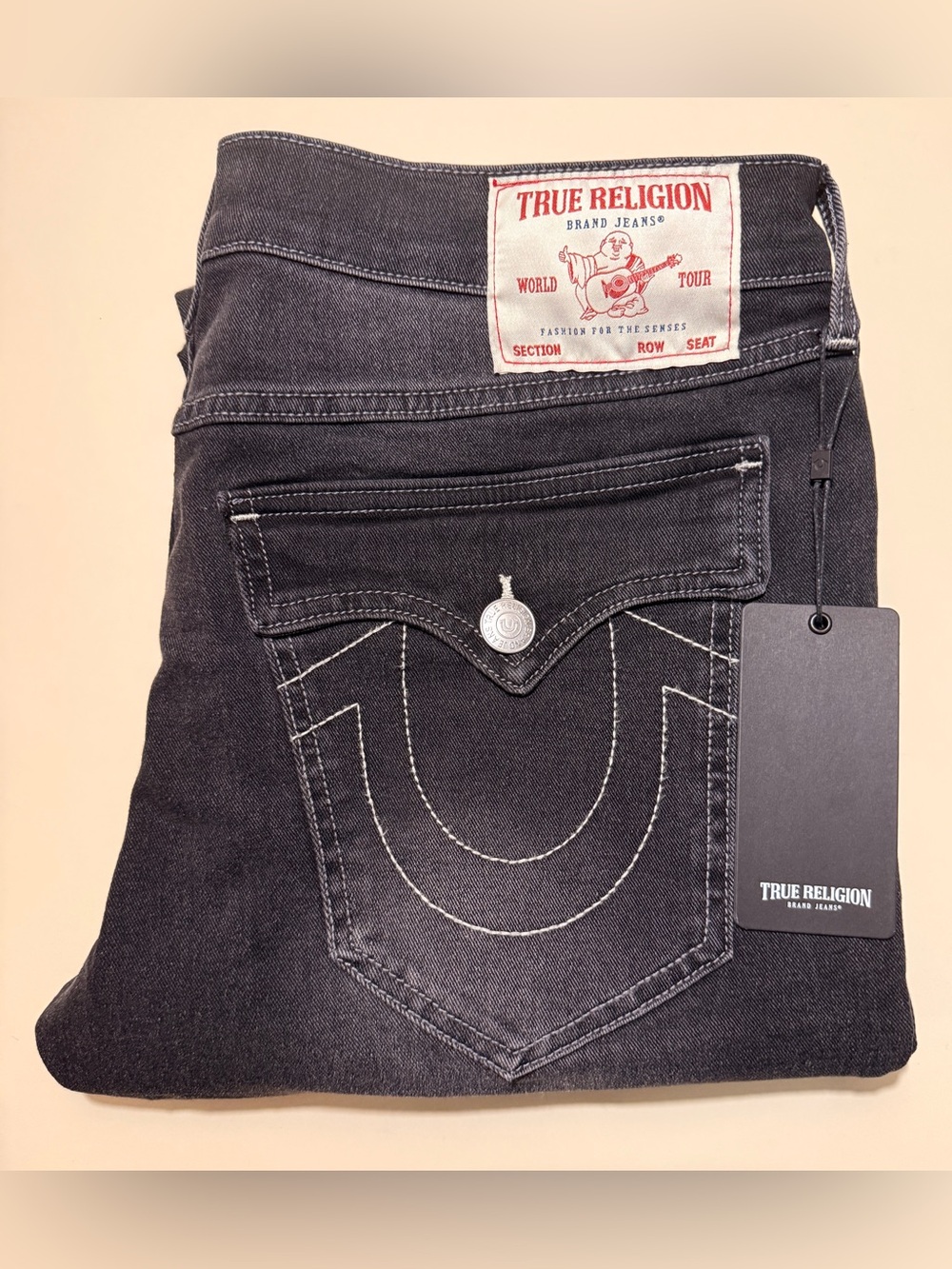True Religion Men’s Dark Gray Straight Jeans with Signature Stitch(brand new)